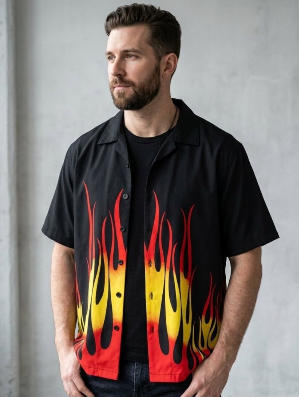 Men's Black Button-Down Shirt with Red & Yellow Flame Print Halloween Costume - Picture 2 of 11